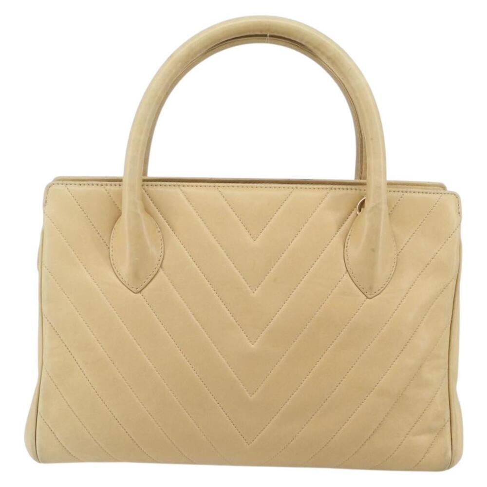 CHANEL V Stitch Hand Bag Leather Beige Gold CC Auth BA9348 - Picture 2 of 16